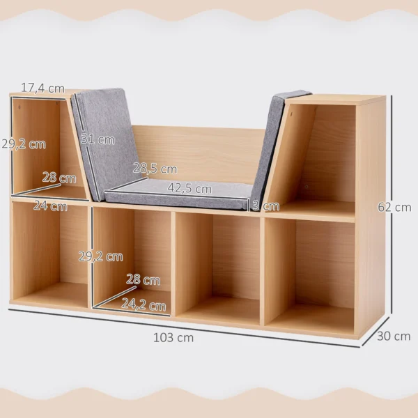 Kinderboekenkast met zitkruk kinderbank met 6 vakken zitkist met 3 kussens speelgoedkist vanaf 3 jaar grijs+natuur 103 x 30 x 62 cm 4