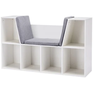 Kinderboekenkast met zitkruk kinderbank met 6 vakken zitkist met 3 kussens speelgoedkist vanaf 3 jaar wit+grijs 103 x 30 x 62 cm 1