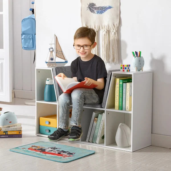 Kinderboekenkast met zitkruk kinderbank met 6 vakken zitkist met 3 kussens speelgoedkist vanaf 3 jaar wit+grijs 103 x 30 x 62 cm 2
