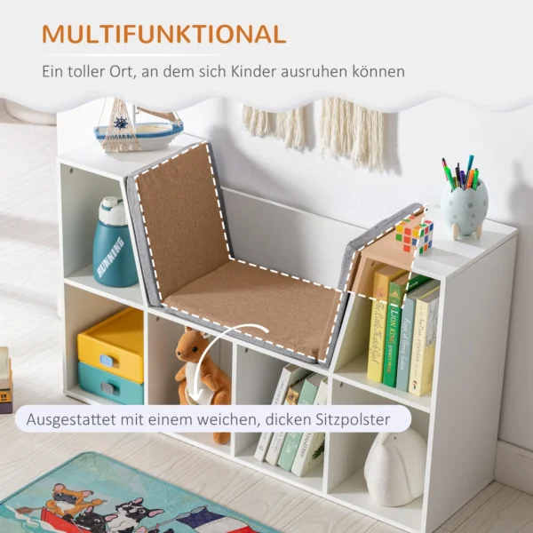 Kinderboekenkast met zitkruk kinderbank met 6 vakken zitkist met 3 kussens speelgoedkist vanaf 3 jaar wit+grijs 103 x 30 x 62 cm 6