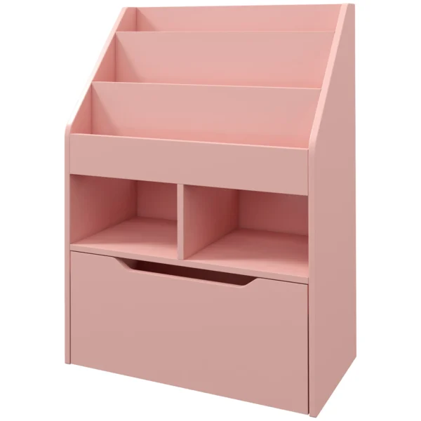 Kinderen boekenkast kinderkast met lade, 3 opbergvakken en 2 open vakken, opbergrek voor kinderkamer, speelkamer, roze, 60 x 29,9 x 90 cm 1