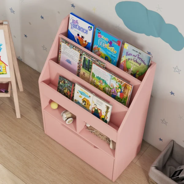 Kinderen boekenkast kinderkast met lade, 3 opbergvakken en 2 open vakken, opbergrek voor kinderkamer, speelkamer, roze, 60 x 29,9 x 90 cm 10