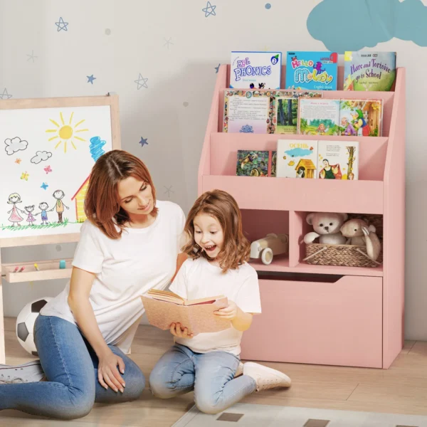 Kinderen boekenkast kinderkast met lade, 3 opbergvakken en 2 open vakken, opbergrek voor kinderkamer, speelkamer, roze, 60 x 29,9 x 90 cm 2