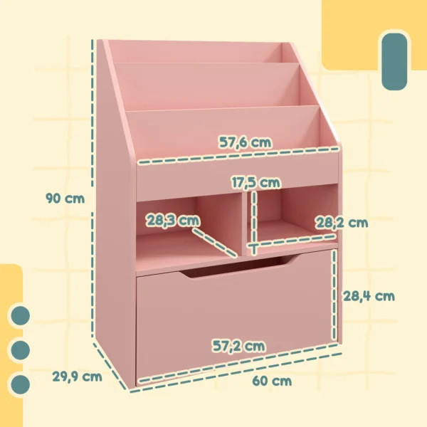 Kinderen boekenkast kinderkast met lade, 3 opbergvakken en 2 open vakken, opbergrek voor kinderkamer, speelkamer, roze, 60 x 29,9 x 90 cm 4