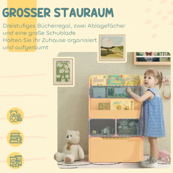 Kinderen boekenkast kinderkast met lade, 3 opbergvakken en 2 open vakken, opbergrek voor kinderkamer, speelkamer, roze, 60 x 29,9 x 90 cm 5