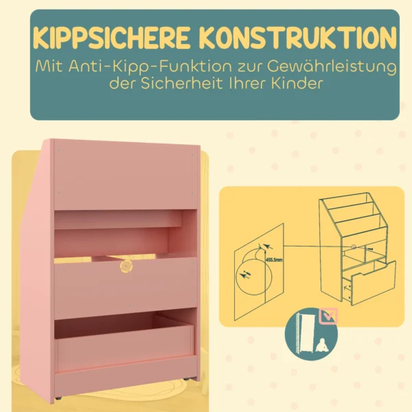 Kinderen boekenkast kinderkast met lade, 3 opbergvakken en 2 open vakken, opbergrek voor kinderkamer, speelkamer, roze, 60 x 29,9 x 90 cm 6
