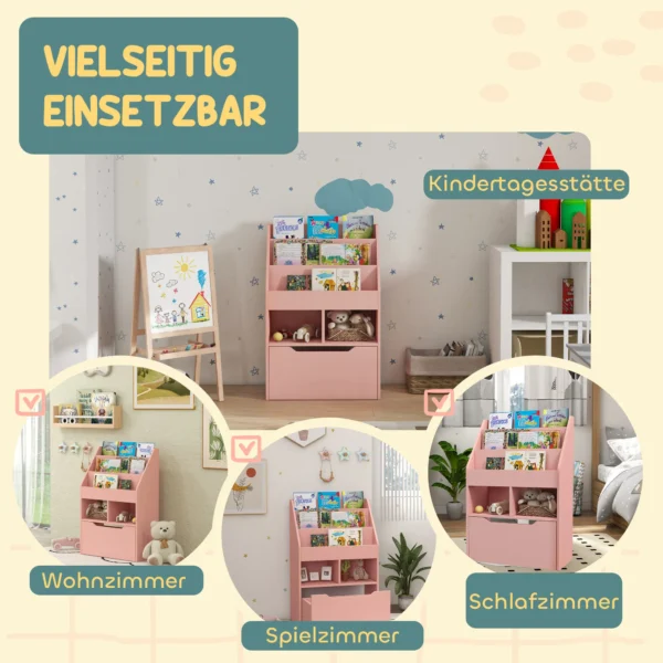 Kinderen boekenkast kinderkast met lade, 3 opbergvakken en 2 open vakken, opbergrek voor kinderkamer, speelkamer, roze, 60 x 29,9 x 90 cm 8