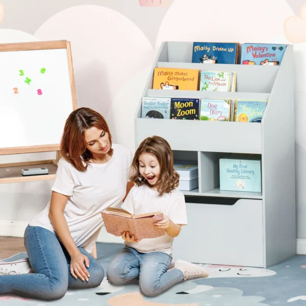 Kinderen boekenkast met lade, 3 opbergvakken en 2 open vakken, opbergrek voor kinderkamer, speelkamer, grijs, 60 x 29,9 x 90 cm 2