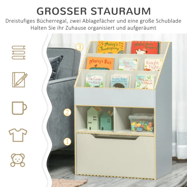 Kinderen boekenkast met lade, 3 opbergvakken en 2 open vakken, opbergrek voor kinderkamer, speelkamer, grijs, 60 x 29,9 x 90 cm 5