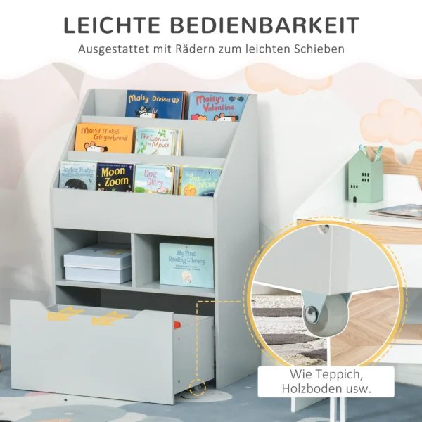 Kinderen boekenkast met lade, 3 opbergvakken en 2 open vakken, opbergrek voor kinderkamer, speelkamer, grijs, 60 x 29,9 x 90 cm 7