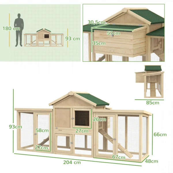 Kippenhok 204 x 85 x 93 cm kippenren met nestkast vrijloop kippenhuis van hout met zitstokken waterdichte verf, voor 2 4 kippen natuurhout 4