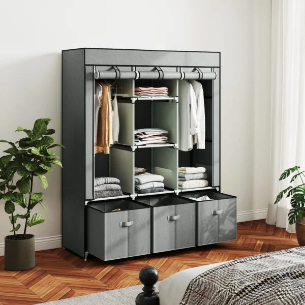 Kledingkast stoffenkast met kledingstang, lades, rits vouwkast voor slaapkamer, kleedkamer, 125 x 43 x 162,5 cm, lichtgrijs 2