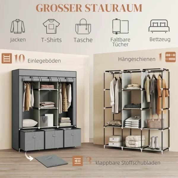Kledingkast stoffenkast met kledingstang, lades, rits vouwkast voor slaapkamer, kleedkamer, 125 x 43 x 162,5 cm, lichtgrijs 5