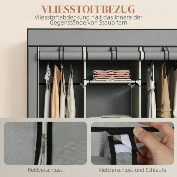 Kledingkast stoffenkast met kledingstang, lades, rits vouwkast voor slaapkamer, kleedkamer, 125 x 43 x 162,5 cm, lichtgrijs 6