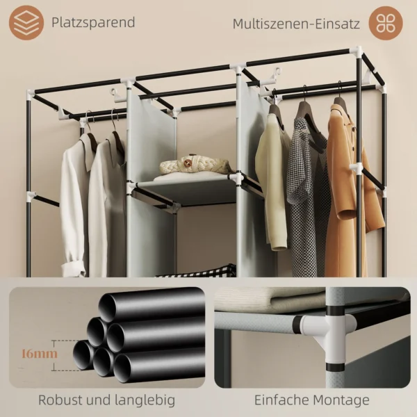 Kledingkast stoffenkast met kledingstang, lades, rits vouwkast voor slaapkamer, kleedkamer, 125 x 43 x 162,5 cm, lichtgrijs 7