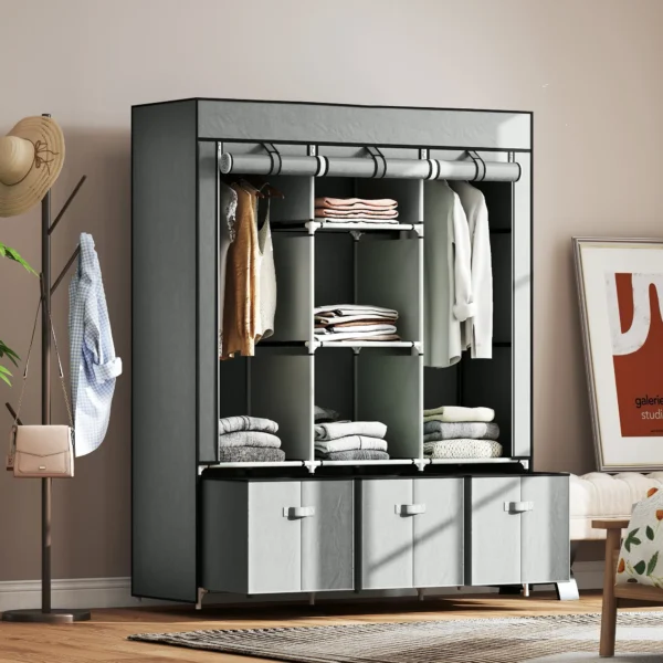 Kledingkast stoffenkast met kledingstang, lades, rits vouwkast voor slaapkamer, kleedkamer, 125 x 43 x 162,5 cm, lichtgrijs 8