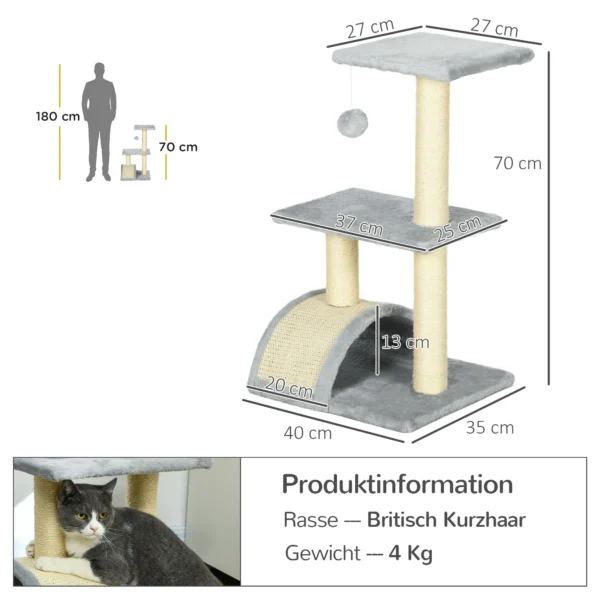 Krabpaal 72 cm kattentoren met pluche ballen, sisal stammen, platform, krabplank meerlaagse kattenkrabpaal, klimboom, voor middelgrote katten, lichtgrijs 4