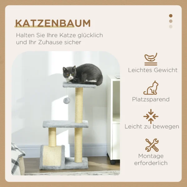 Krabpaal 72 cm kattentoren met pluche ballen, sisal stammen, platform, krabplank meerlaagse kattenkrabpaal, klimboom, voor middelgrote katten, lichtgrijs 5