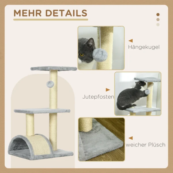 Krabpaal 72 cm kattentoren met pluche ballen, sisal stammen, platform, krabplank meerlaagse kattenkrabpaal, klimboom, voor middelgrote katten, lichtgrijs 6