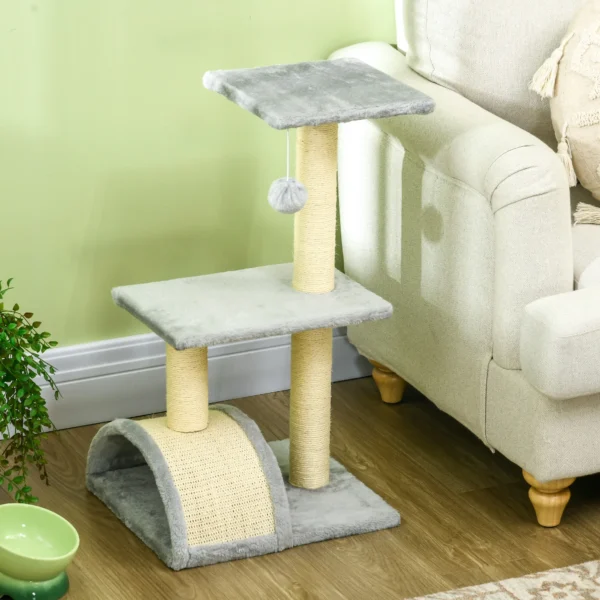Krabpaal 72 cm kattentoren met pluche ballen, sisal stammen, platform, krabplank meerlaagse kattenkrabpaal, klimboom, voor middelgrote katten, lichtgrijs 9