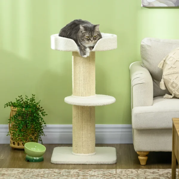 Krabpaal 91 cm kattentoren met sisalstammen, platform, kussen meerlaagse kattenkrabpaal, klimboom, voor middelgrote katten, roomwit 2