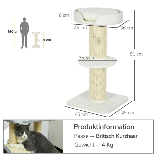 Krabpaal 91 cm kattentoren met sisalstammen, platform, kussen meerlaagse kattenkrabpaal, klimboom, voor middelgrote katten, roomwit 4