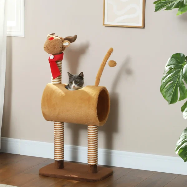Krabpaal 98 cm kattentoren in hertontwerp, met hol, speelbal, jutestammen, kattenkrabpaal, klimboom, voor middelgrote katten, bruin 2