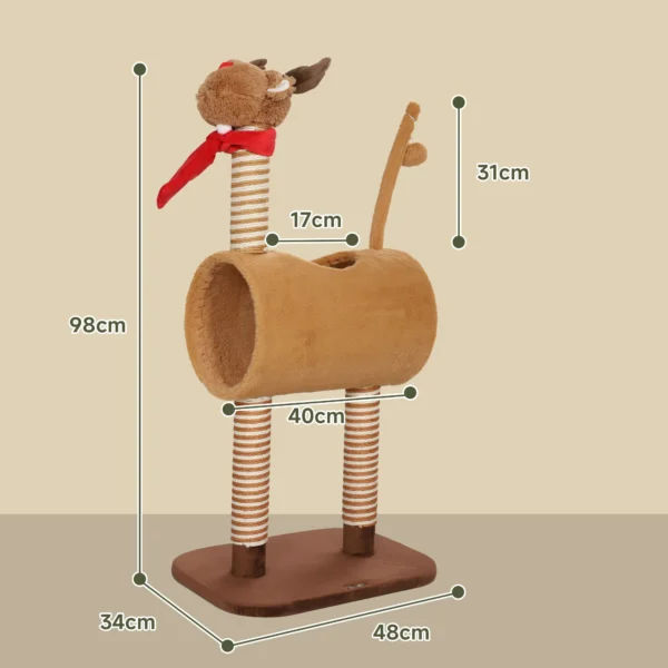 Krabpaal 98 cm kattentoren in hertontwerp, met hol, speelbal, jutestammen, kattenkrabpaal, klimboom, voor middelgrote katten, bruin 4