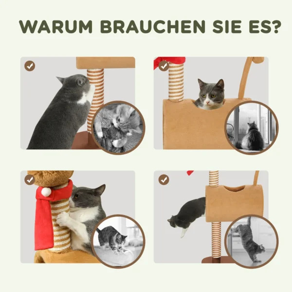 Krabpaal 98 cm kattentoren in hertontwerp, met hol, speelbal, jutestammen, kattenkrabpaal, klimboom, voor middelgrote katten, bruin 7