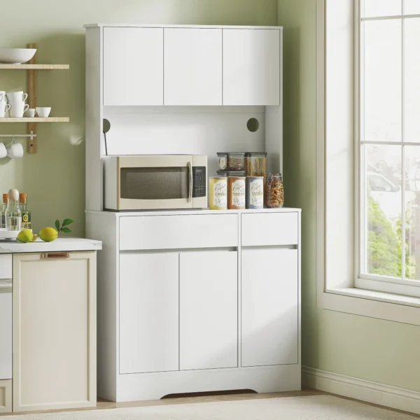 Küchenschrank buffetschrank mit arbeitsplatte, 6 türen, hochschrank mit verstellbaren einlegeböden, kabellöchern, mikrowellenschrank moderner vorratsschrank, weiß, 100 x 38 x 180 cm 2