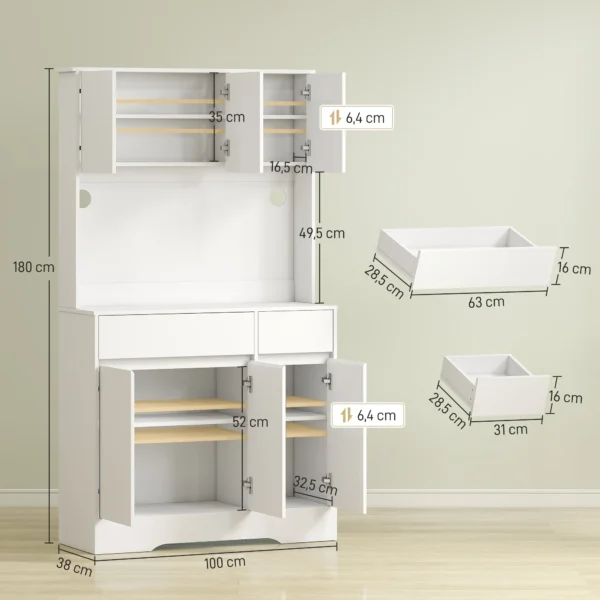 Küchenschrank buffetschrank mit arbeitsplatte, 6 türen, hochschrank mit verstellbaren einlegeböden, kabellöchern, mikrowellenschrank moderner vorratsschrank, weiß, 100 x 38 x 180 cm 4