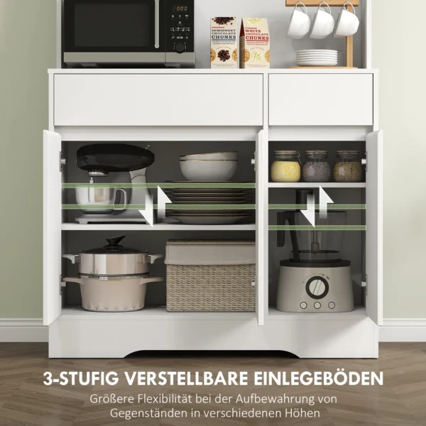 Küchenschrank buffetschrank mit arbeitsplatte, 6 türen, hochschrank mit verstellbaren einlegeböden, kabellöchern, mikrowellenschrank moderner vorratsschrank, weiß, 100 x 38 x 180 cm 6