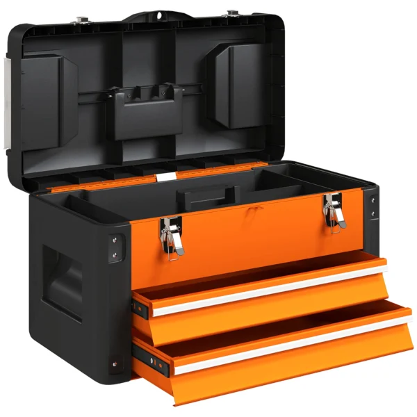 Lege gereedschapskist, 49,7 x 25,3 x 28,9 cm gereedschapskist met lade, mini box, bovenste opbergvak, handvat, gereedschapskoffer van staal, oranje 1