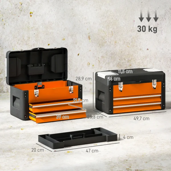 Lege gereedschapskist, 49,7 x 25,3 x 28,9 cm gereedschapskist met lade, mini box, bovenste opbergvak, handvat, gereedschapskoffer van staal, oranje 4