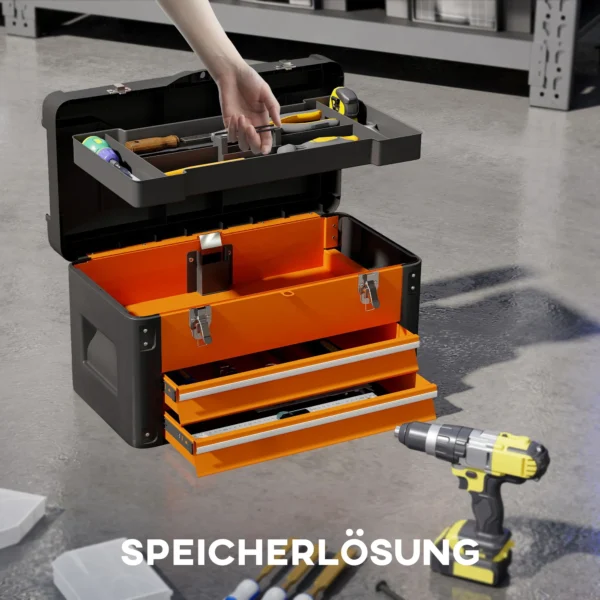 Lege gereedschapskist, 49,7 x 25,3 x 28,9 cm gereedschapskist met lade, mini box, bovenste opbergvak, handvat, gereedschapskoffer van staal, oranje 5