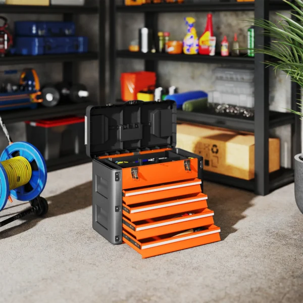 Lege gereedschapskist, 49,7 x 25,3 x 40,7 cm gereedschapskast met 4 lades, mini box, bovenste opbergvak, handvat, gereedschapskoffer van staal, oranje 2