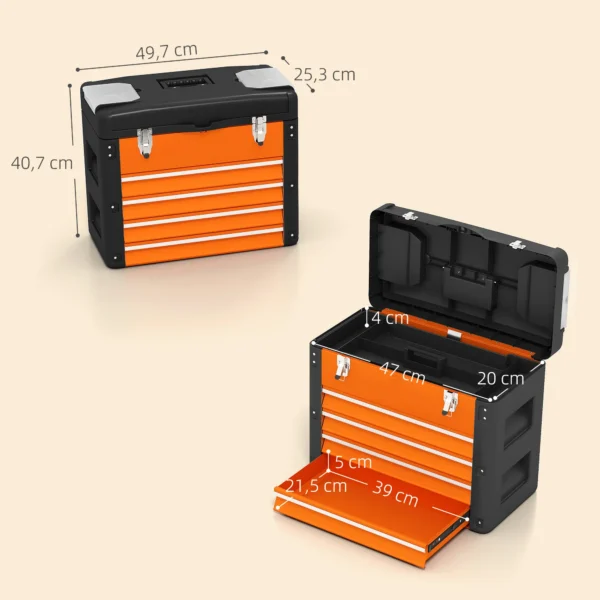 Lege gereedschapskist, 49,7 x 25,3 x 40,7 cm gereedschapskast met 4 lades, mini box, bovenste opbergvak, handvat, gereedschapskoffer van staal, oranje 4