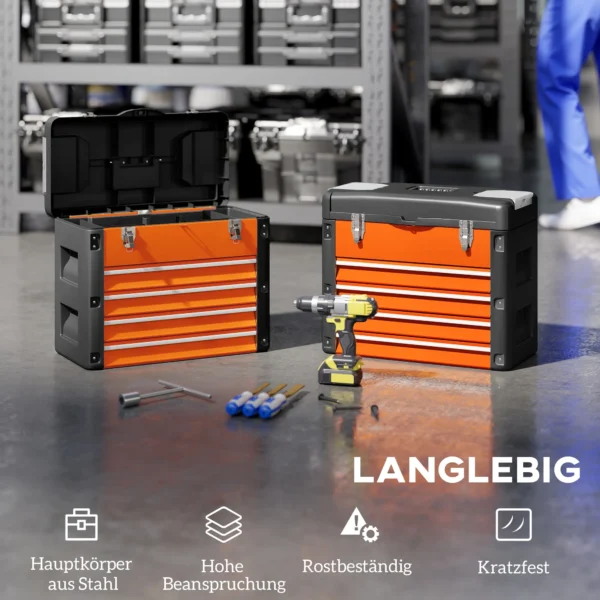 Lege gereedschapskist, 49,7 x 25,3 x 40,7 cm gereedschapskast met 4 lades, mini box, bovenste opbergvak, handvat, gereedschapskoffer van staal, oranje 6