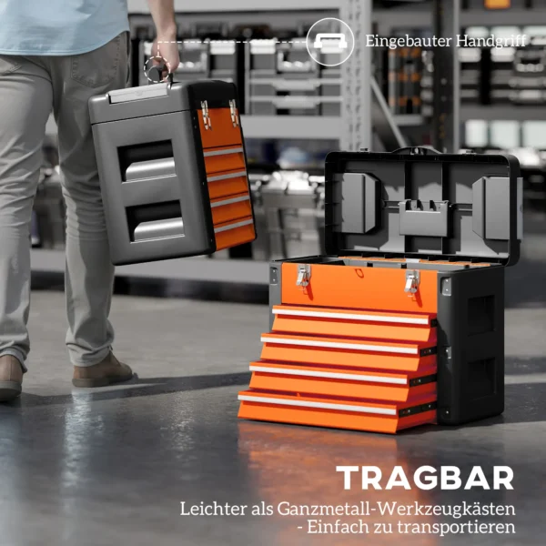 Lege gereedschapskist, 49,7 x 25,3 x 40,7 cm gereedschapskast met 4 lades, mini box, bovenste opbergvak, handvat, gereedschapskoffer van staal, oranje 8