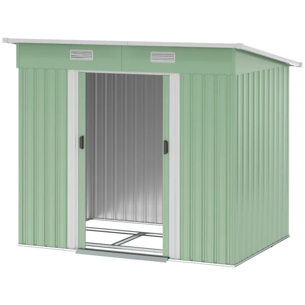 Metalen tuinhuis 2,3 m² 207 x 130 x 182 cm tuinschuur met lessenaarsdak, venster, fundering, schuifdeuren, weerbestendig, tuinhuisje voor buiten, tuinschuur voor achtertuin, groen 1