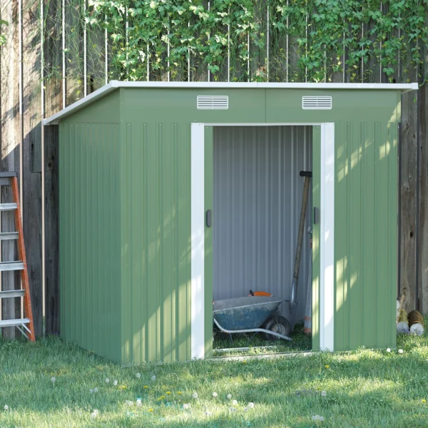Metalen tuinhuis 2,3 m² 207 x 130 x 182 cm tuinschuur met lessenaarsdak, venster, fundering, schuifdeuren, weerbestendig, tuinhuisje voor buiten, tuinschuur voor achtertuin, groen 2