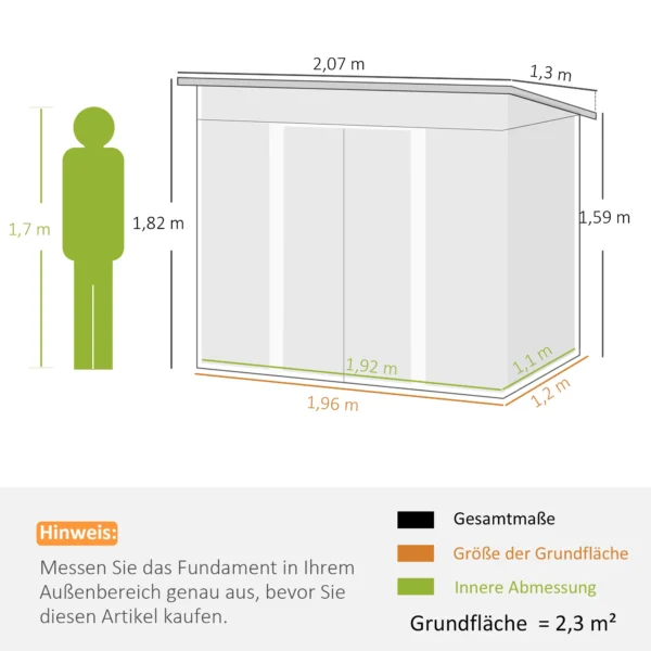 Metalen tuinhuis 2,3 m² 207 x 130 x 182 cm tuinschuur met lessenaarsdak, venster, fundering, schuifdeuren, weerbestendig, tuinhuisje voor buiten, tuinschuur voor achtertuin, groen 4