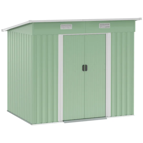 Metalen tuinhuis 2,3 m² 207 x 130 x 182 cm tuinschuur met lessenaarsdak, venster, fundering, schuifdeuren, weerbestendig, tuinhuisje voor buiten, tuinschuur voor achtertuin, groen 7