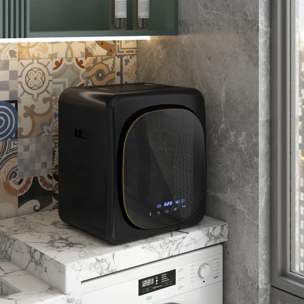 Mini wasdroger met 6 programma led touchscreen 4 kg tot 60℃, 800w vrijstaand wandmonteerbaar afvoerdroger met oververhittingsbeveiliging afvoerdroger voor kleding zwart 2