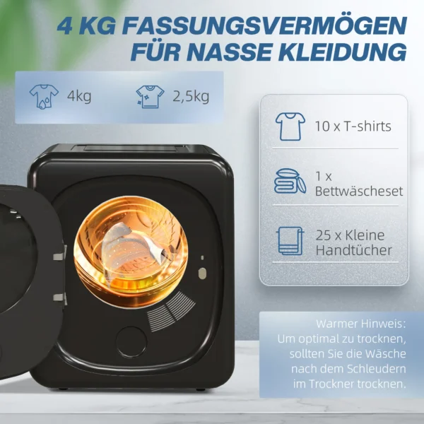 Mini wasdroger met 6 programma led touchscreen 4 kg tot 60℃, 800w vrijstaand wandmonteerbaar afvoerdroger met oververhittingsbeveiliging afvoerdroger voor kleding zwart 6