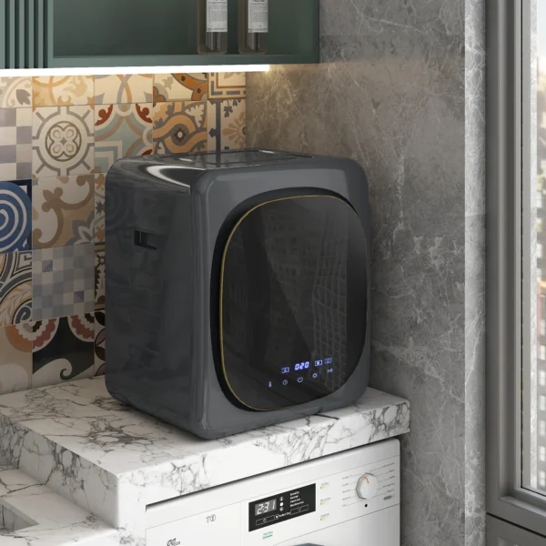 Mini wasdroger met 6 programma led touchscreen 4 kg tot 60℃, 800w vrijstaand wandmonteerbaar luchtafvoerdroger met oververhittingsbeveiliging luchtafvoerdroger voor kleding grijs 2
