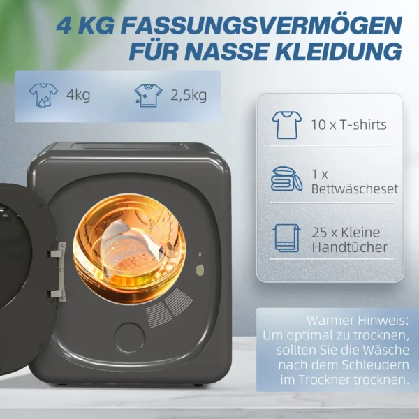 Mini wasdroger met 6 programma led touchscreen 4 kg tot 60℃, 800w vrijstaand wandmonteerbaar luchtafvoerdroger met oververhittingsbeveiliging luchtafvoerdroger voor kleding grijs 6