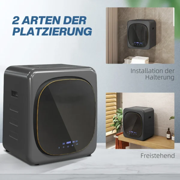 Mini wasdroger met 6 programma led touchscreen 4 kg tot 60℃, 800w vrijstaand wandmonteerbaar luchtafvoerdroger met oververhittingsbeveiliging luchtafvoerdroger voor kleding grijs 9