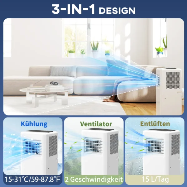 Mobiele airconditioning 3 in 1 klimaatapparaat met koeling, luchtontvochtiger, ventilator, afvoerslang, 5000btu automatische luchtkoeler met afstandsbediening, timer, kinderslot, wit 5