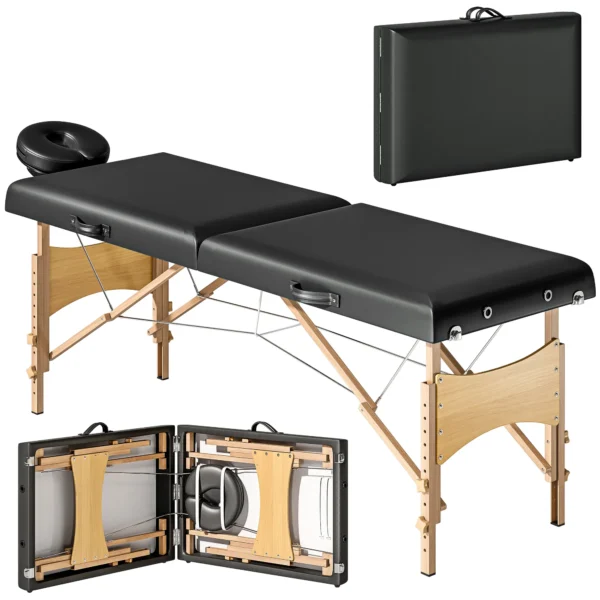 Mobiele massagetafel 2 zones opvouwbaar massagetafel hoogteverstelbaar massagebank 70 cm breed met hoofdsteun, houten voeten massagebed schoonheidssalon zwart 1